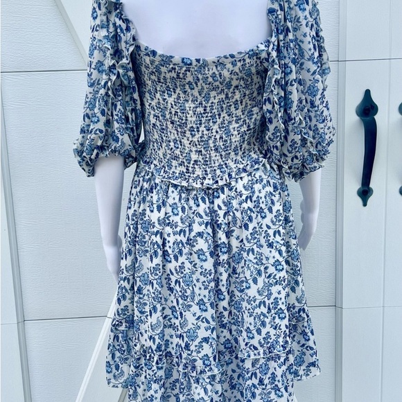 Revolve Super Natural by Secret Mission Blue Floral Chiffon Ruffle Peasant Dress - Picture 5 of 11